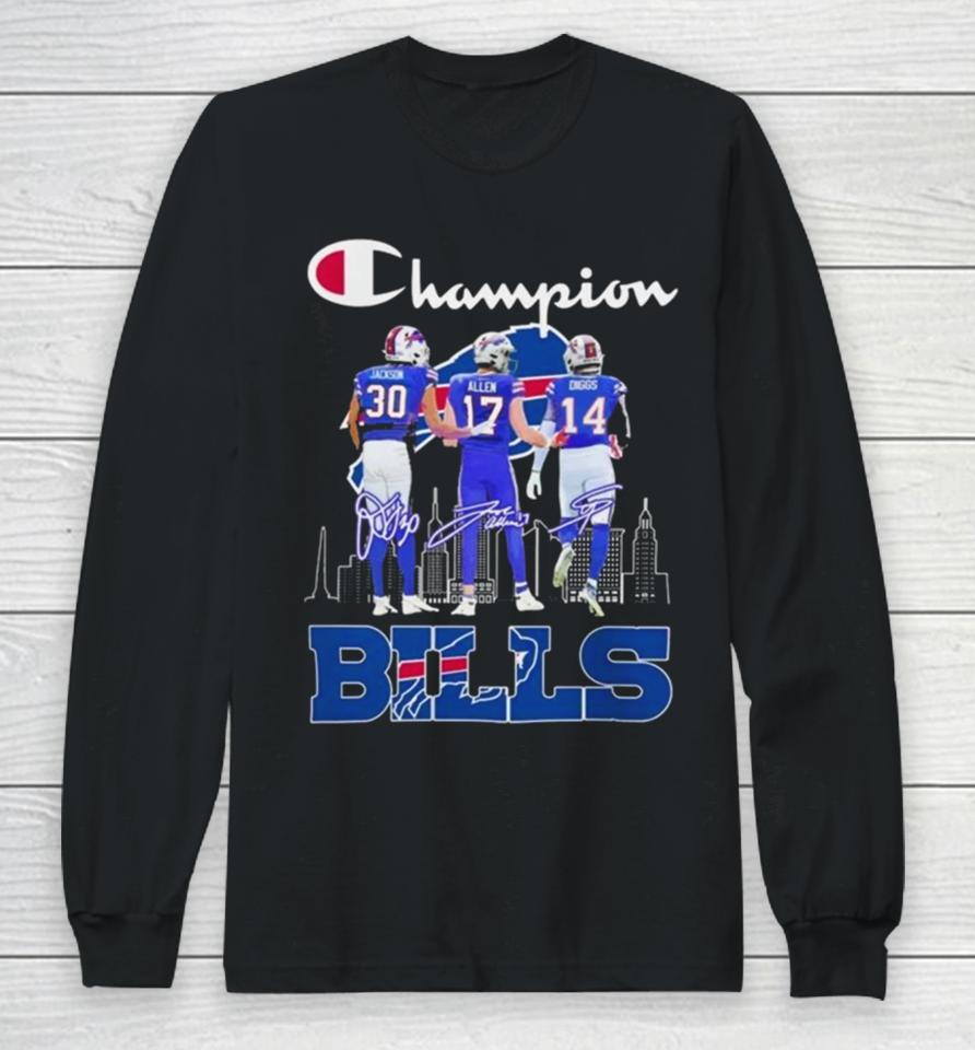Dane Jackson, Josh Allen And Stefon Diggs Buffalo Bills 2024 Champions Signatures Long Sleeve T-Shirt