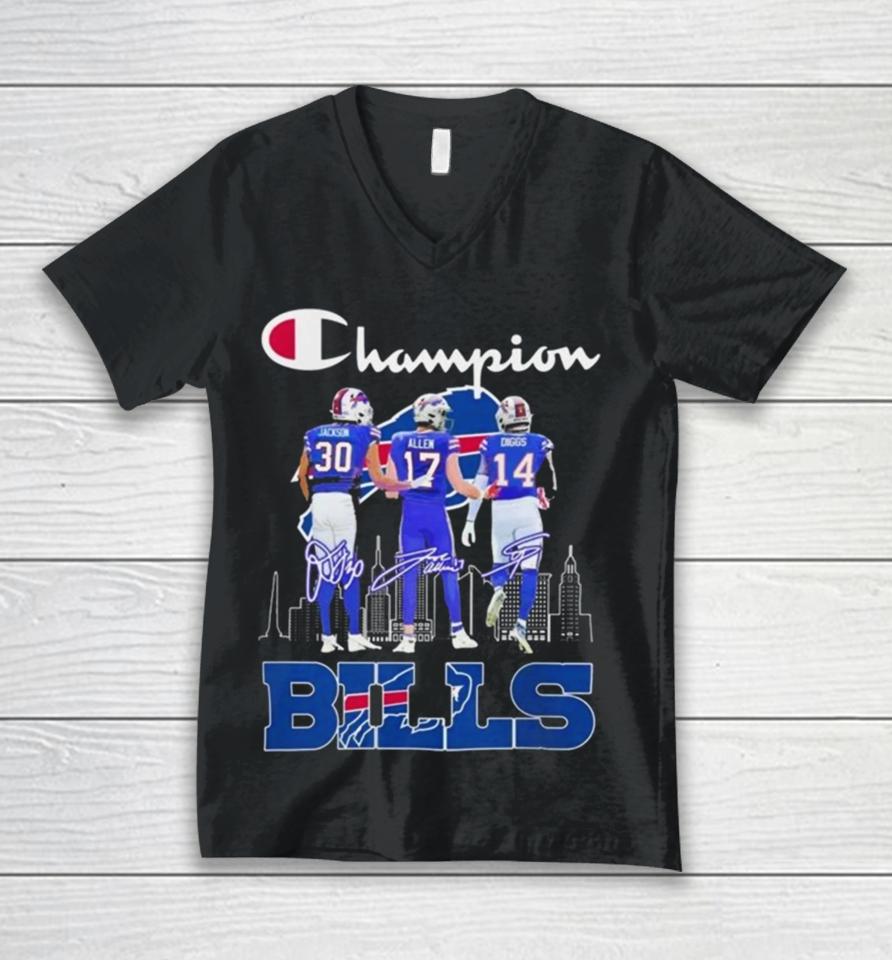 Dane Jackson, Josh Allen And Stefon Diggs Buffalo Bills 2024 Champions Signatures Unisex V-Neck T-Shirt