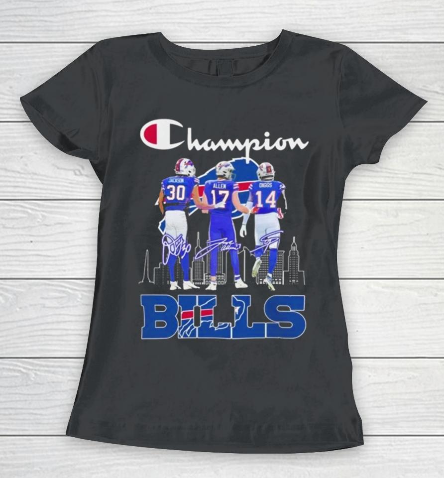 Dane Jackson, Josh Allen And Stefon Diggs Buffalo Bills 2024 Champions Signatures Women T-Shirt