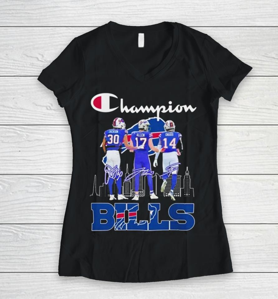 Dane Jackson, Josh Allen And Stefon Diggs Buffalo Bills 2024 Champions Signatures Women V-Neck T-Shirt