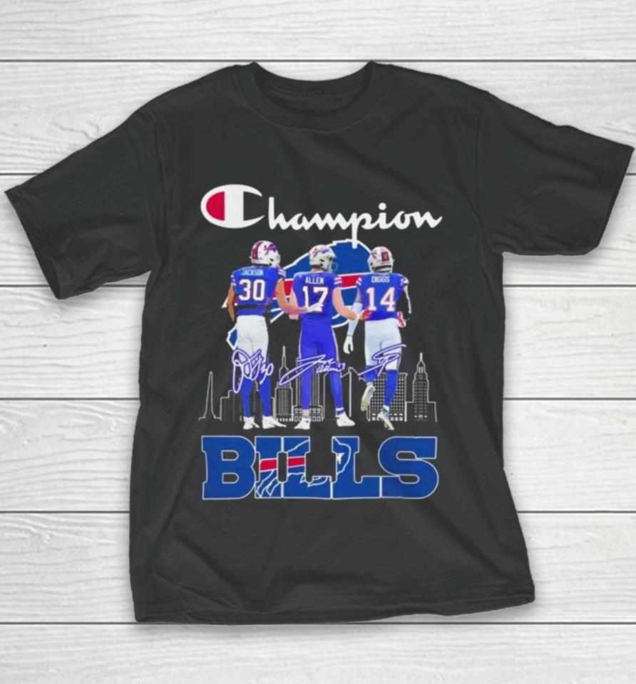 Dane Jackson, Josh Allen And Stefon Diggs Buffalo Bills 2024 Champions Signatures Youth T-Shirt