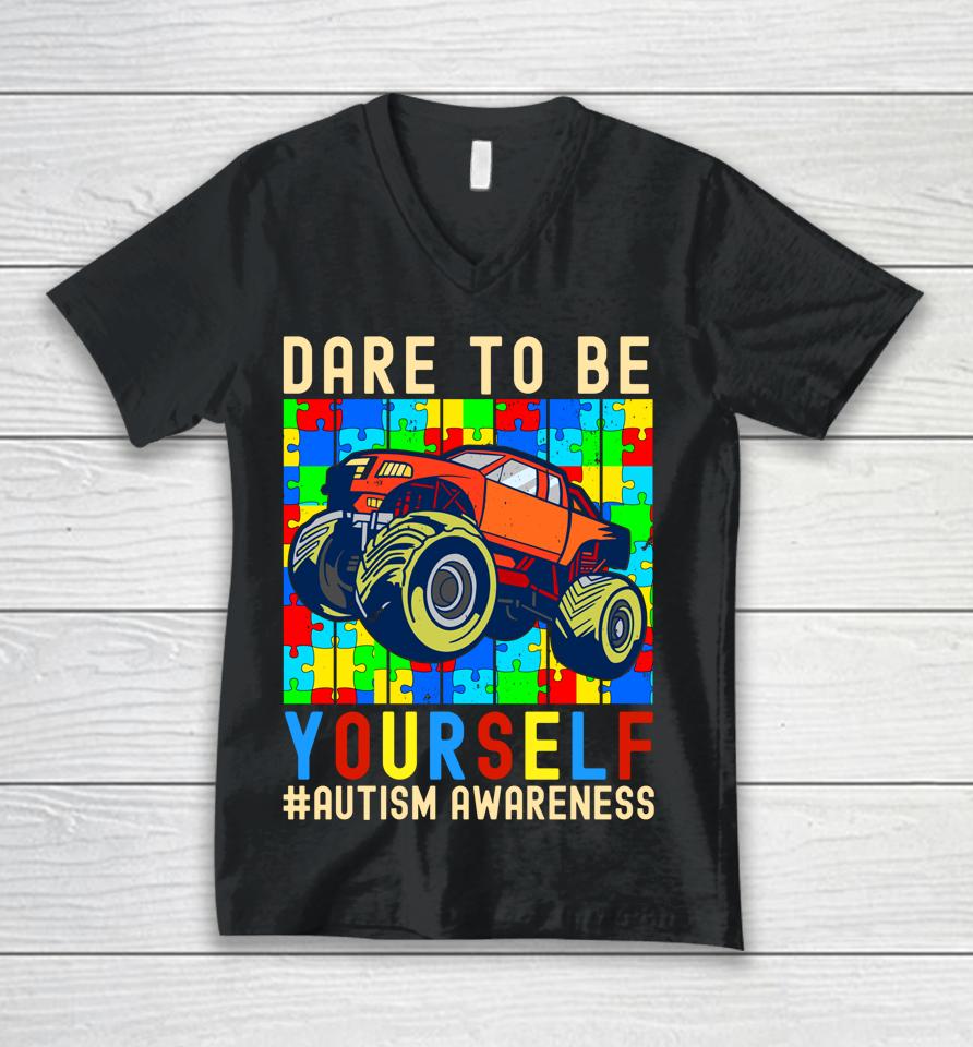 Dare To Be Yourself Autism Awareness Monster Truck Boys Kids Unisex V-Neck T-Shirt