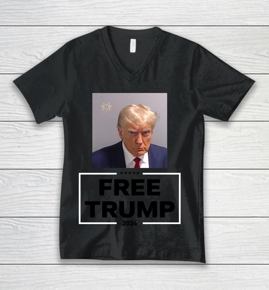 Darren Grimes Wearing Trump Mugshot Free Trump 2024 Unisex V-Neck T-Shirt