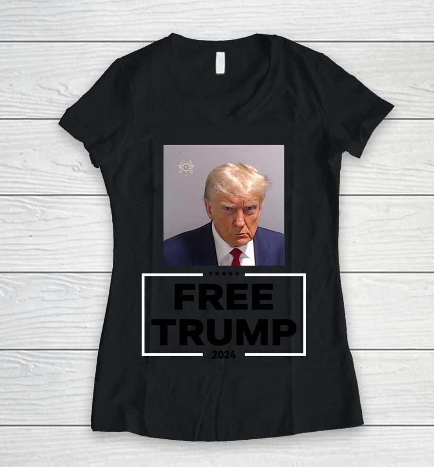 Darren Grimes Wearing Trump Mugshot Free Trump 2024 Women V-Neck T-Shirt