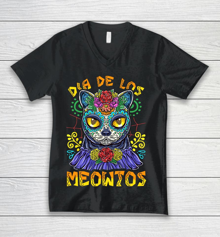 Day Of The Dead Dia De Los Muertos Cat Sugar Skull Unisex V-Neck T-Shirt