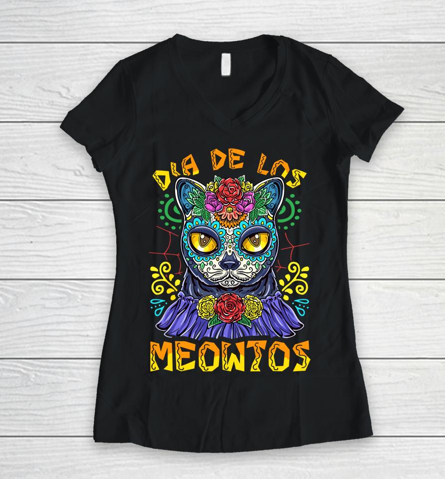 Day Of The Dead Dia De Los Muertos Cat Sugar Skull Women V-Neck T-Shirt