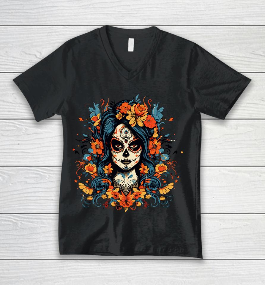 De Los Muertos La Catrina Sugar Skull Women Day Of The Dead Unisex V-Neck T-Shirt