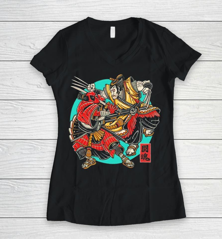 Deadpool And Wolverine Samurai Fighting Spirit Women V-Neck T-Shirt
