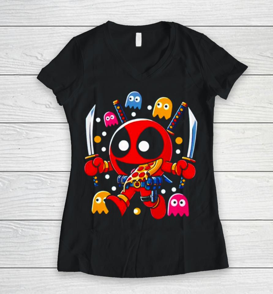 Deadpool In The Style Of Pac Man Mr. Dp Women V-Neck T-Shirt
