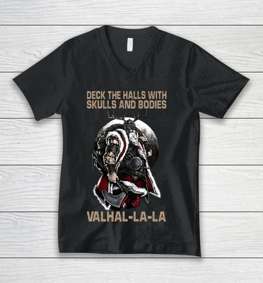 Deck The Halls With Skulls And Bodies Vikings Christmas Unisex V-Neck T-Shirt