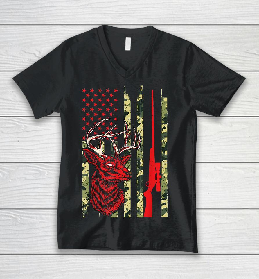 Deer Hunting Vintage American Flag Unisex V-Neck T-Shirt