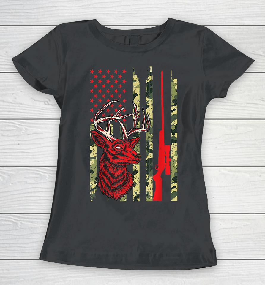 Deer Hunting Vintage American Flag Women T-Shirt