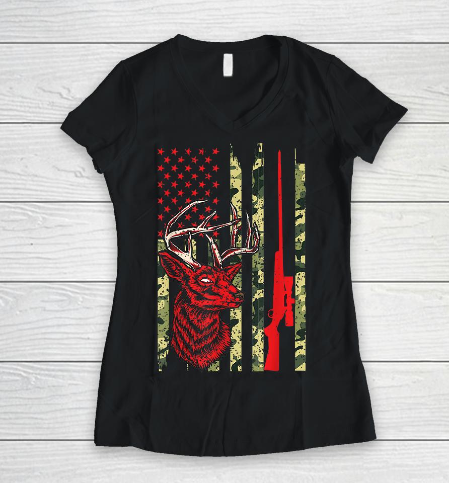 Deer Hunting Vintage American Flag Women V-Neck T-Shirt