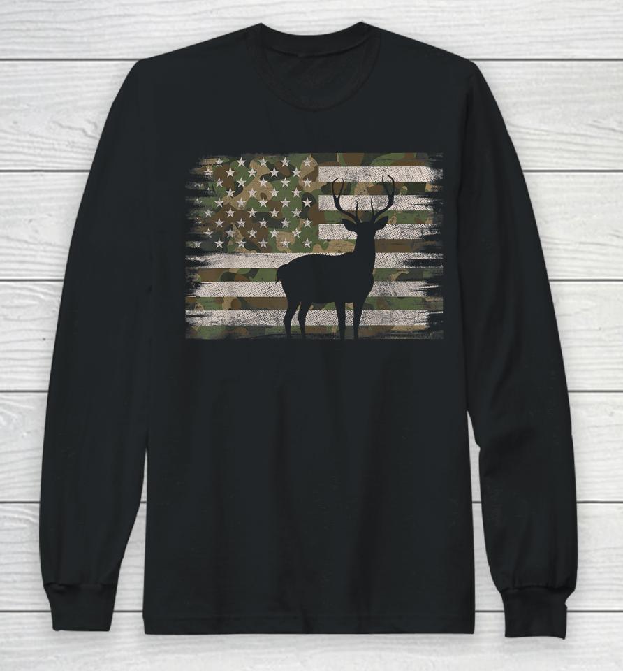 Deer Hunting Whitetail Camo American Us Flag Elk Buck Long Sleeve T-Shirt