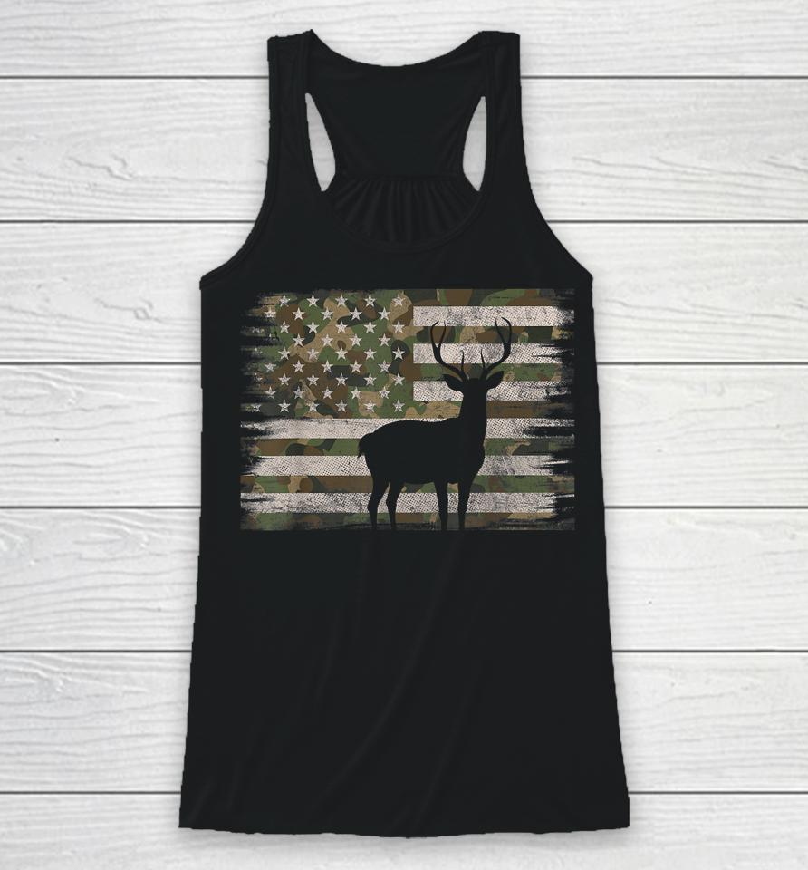 Deer Hunting Whitetail Camo American Us Flag Elk Buck Racerback Tank