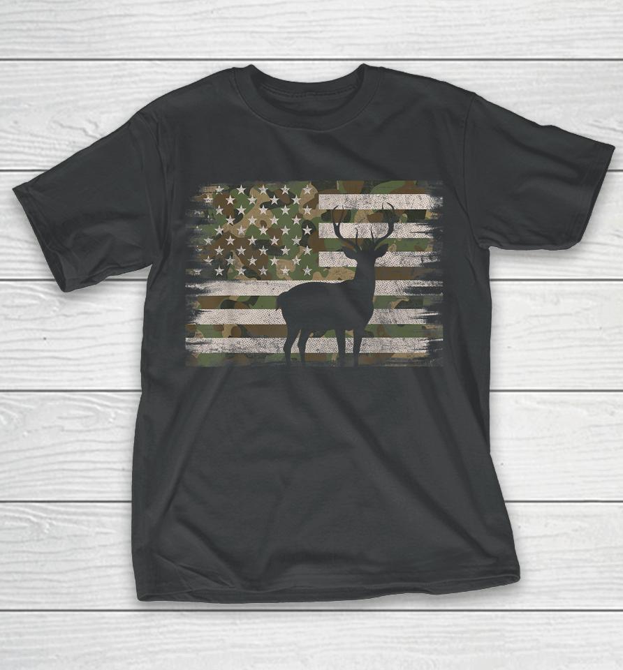 Deer Hunting Whitetail Camo American Us Flag Elk Buck T-Shirt