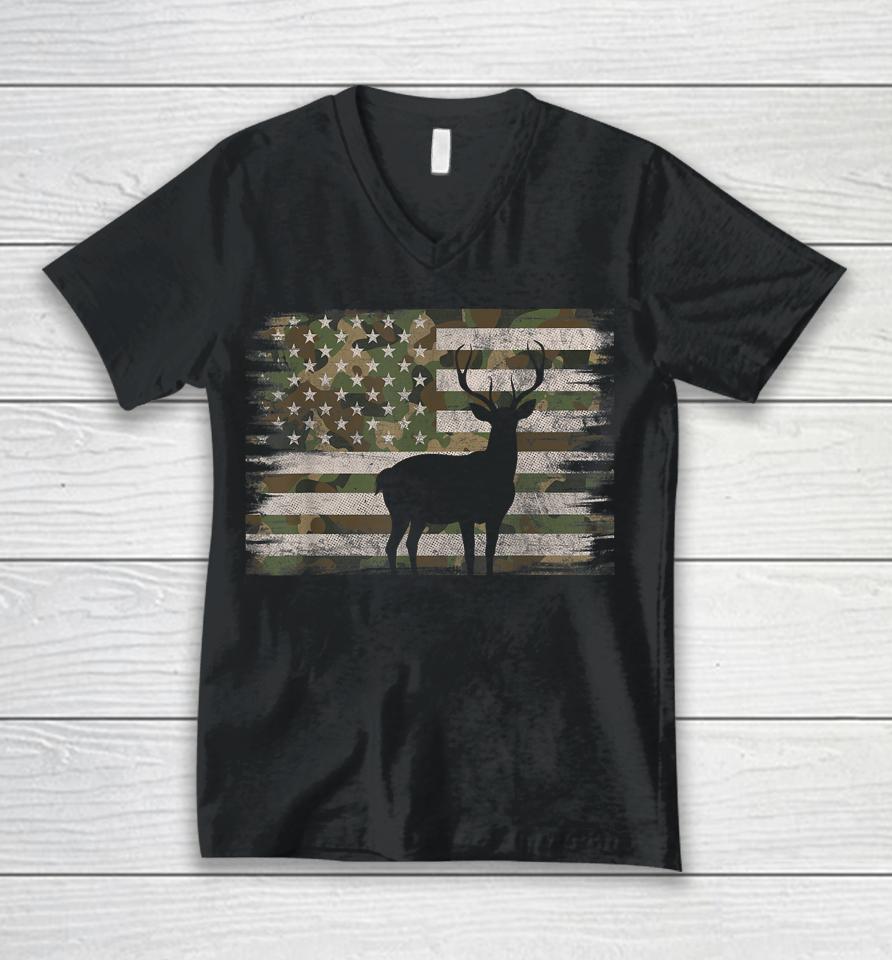 Deer Hunting Whitetail Camo American Us Flag Elk Buck Unisex V-Neck T-Shirt