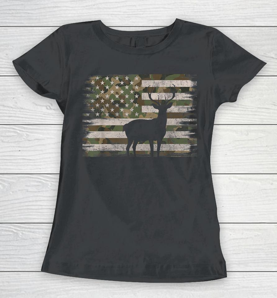 Deer Hunting Whitetail Camo American Us Flag Elk Buck Women T-Shirt