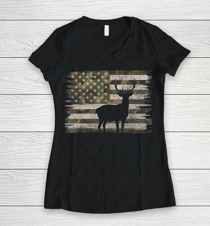 Deer Hunting Whitetail Camo American Us Flag Elk Buck Women V-Neck T-Shirt