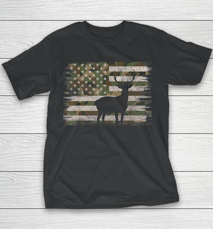 Deer Hunting Whitetail Camo American Us Flag Elk Buck Youth T-Shirt