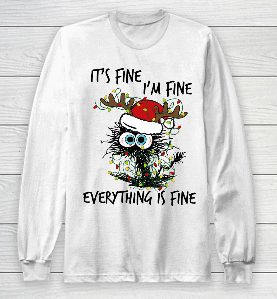 Deer It's Fine I'm Fine Everything Is Fine Christmas Tree Cat Long Sleeve T-Shirt