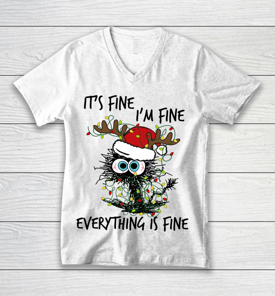 Deer It's Fine I'm Fine Everything Is Fine Christmas Tree Cat Unisex V-Neck T-Shirt
