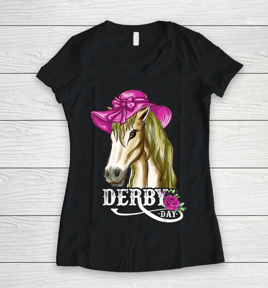 Derby Day Horse Racing Derby Dress Hats And Horses Women V-Neck T-Shirt