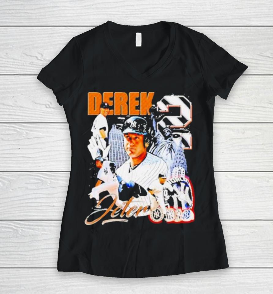 Derek Jeter New York Yankees Baseball Graphic Poster Women V-Neck T-Shirt