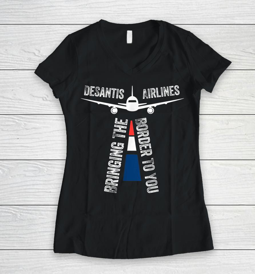 Desantis Airlines Bringing The Border To You Retro Usa Flag Women V-Neck T-Shirt