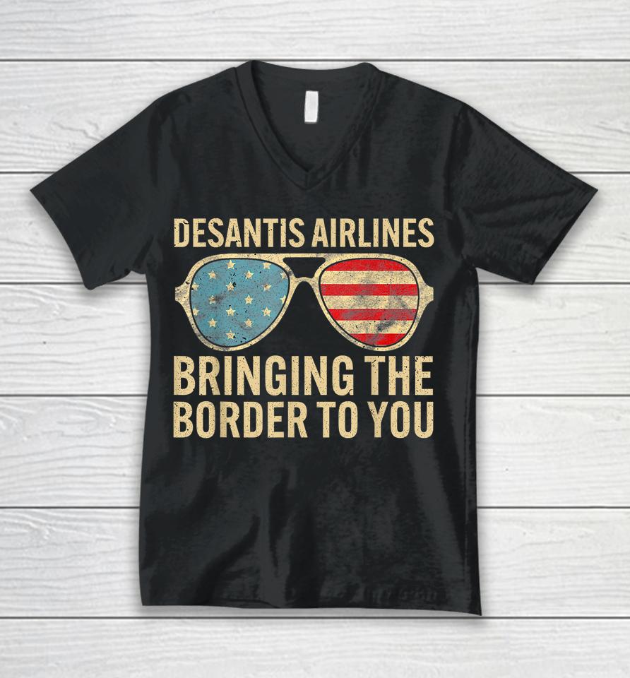 Desantis Airlines Bringing The Border To You Retro Usa Flag Unisex V-Neck T-Shirt