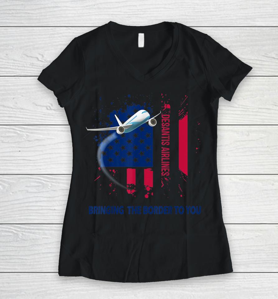 Desantis Airlines Bringing The Border To You Vintage Us Flag Women V-Neck T-Shirt