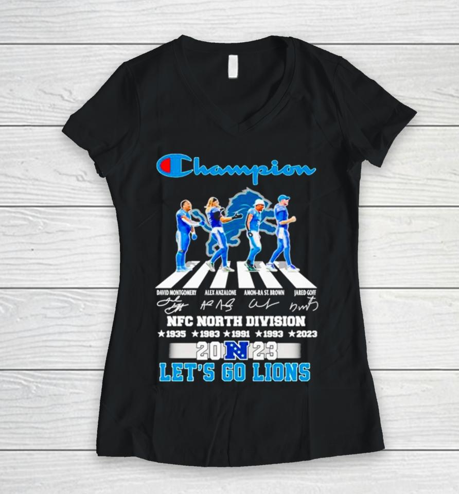 Detroit Lions Champion Nfc North Division 2023 Let’s Go Lions Signatures Women V-Neck T-Shirt
