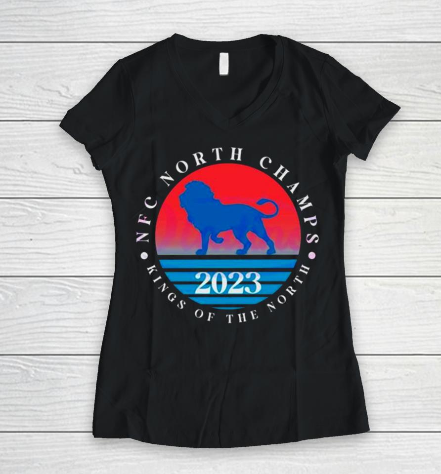 Detroit Lions Nfc North Champs Kings Of The North 2023 Vintage Women V-Neck T-Shirt
