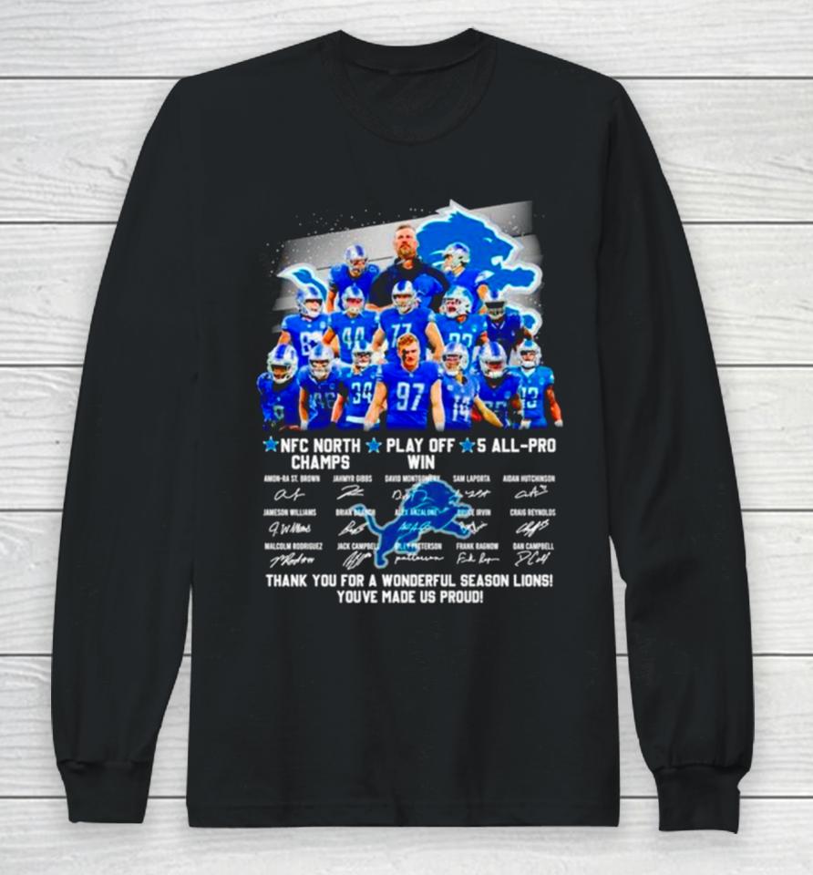 Detroit Lions Nfc North Champs Play Off Win 4 All Pro Thank You For A Wonderful Season Lions Signatures Long Sleeve T-Shirt