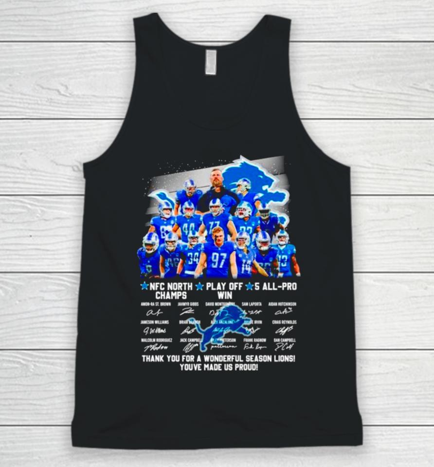Detroit Lions Nfc North Champs Play Off Win 4 All Pro Thank You For A Wonderful Season Lions Signatures Unisex Tank Top