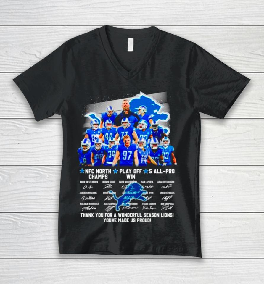 Detroit Lions Nfc North Champs Play Off Win 4 All Pro Thank You For A Wonderful Season Lions Signatures Unisex V-Neck T-Shirt
