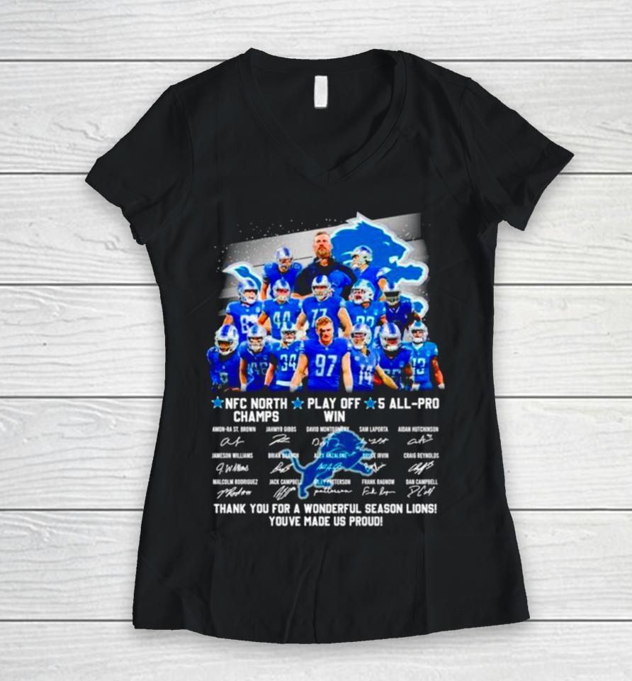 Detroit Lions Nfc North Champs Play Off Win 4 All Pro Thank You For A Wonderful Season Lions Signatures Women V-Neck T-Shirt