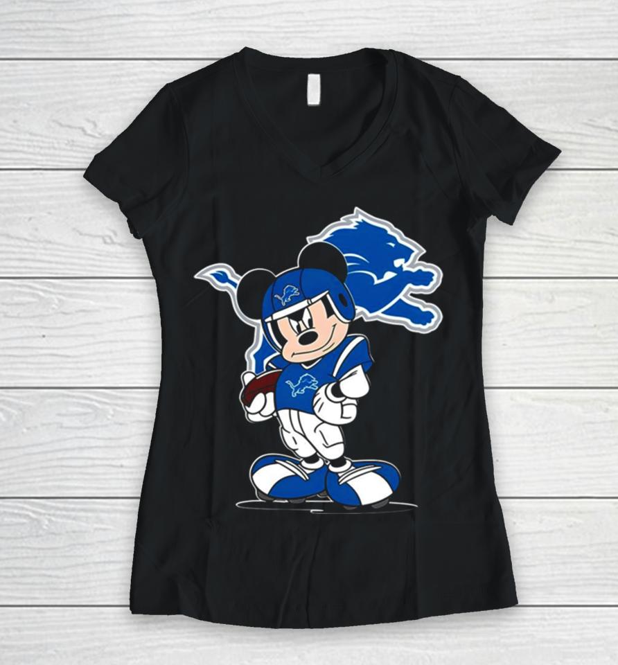 Detroit Lions Nfl Mickey Mouse Fan Women V-Neck T-Shirt