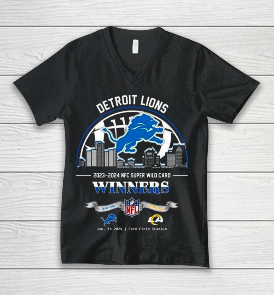 Detroit Lions Winners Season 2023 2024 Nfc Super Wild Card Nfl Divisional Skyline January 14 2024 Ford Field Stadium Unisex V-Neck T-Shirt