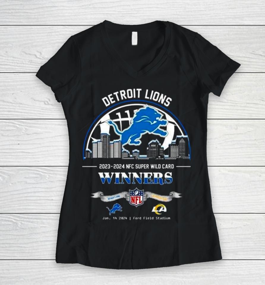 Detroit Lions Winners Season 2023 2024 Nfc Super Wild Card Nfl Divisional Skyline January 14 2024 Ford Field Stadium Women V-Neck T-Shirt
