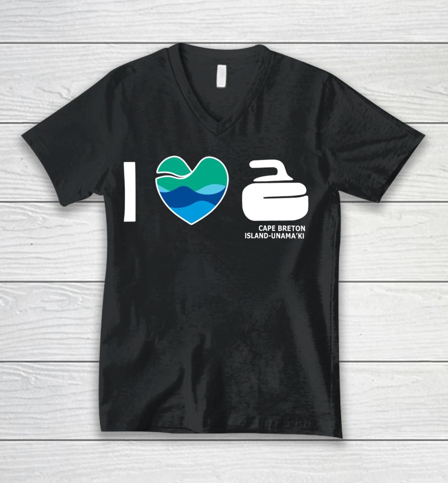 Devin Heroux I Love Curling Cape Breton Island-Unama’ki Unisex V-Neck T-Shirt