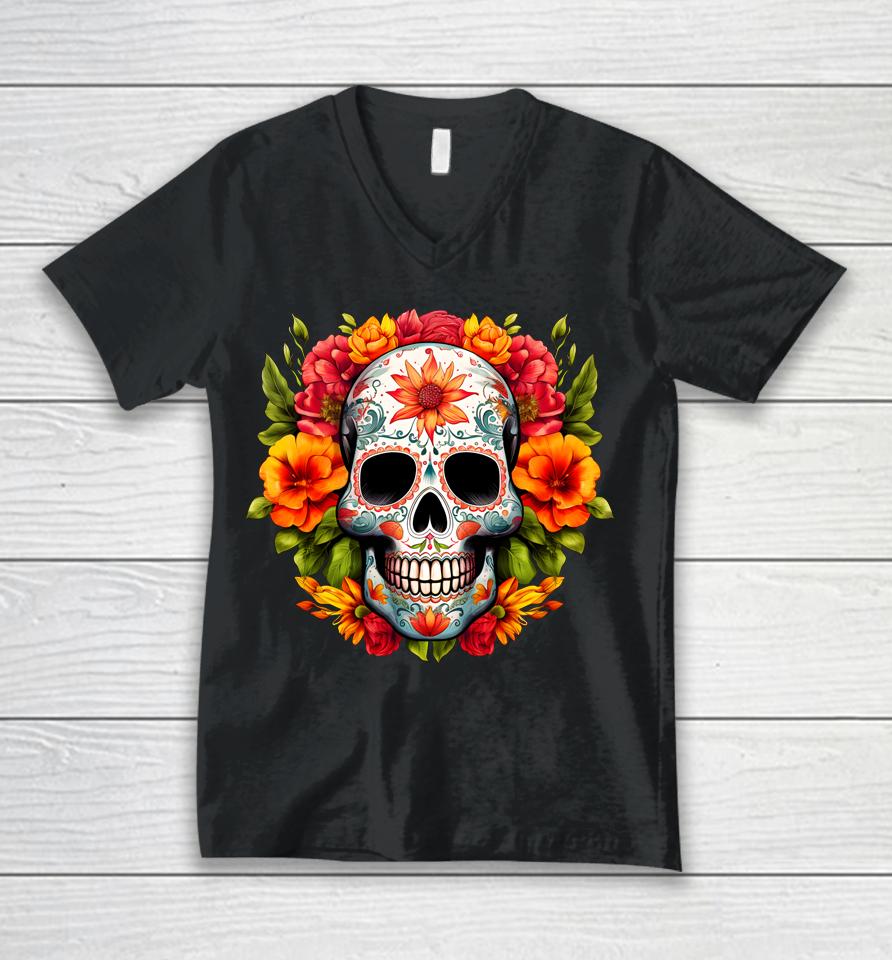 Dia De Los Muertos Sugar Skull La Catrina Unisex V-Neck T-Shirt