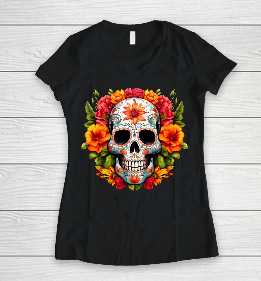 Dia De Los Muertos Sugar Skull La Catrina Women V-Neck T-Shirt
