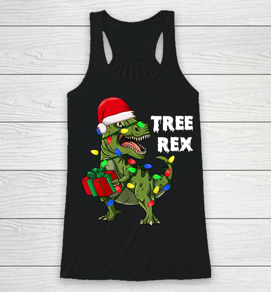 Dinosaur Christmas Tree Rex Santa Hat Dinosaur Racerback Tank