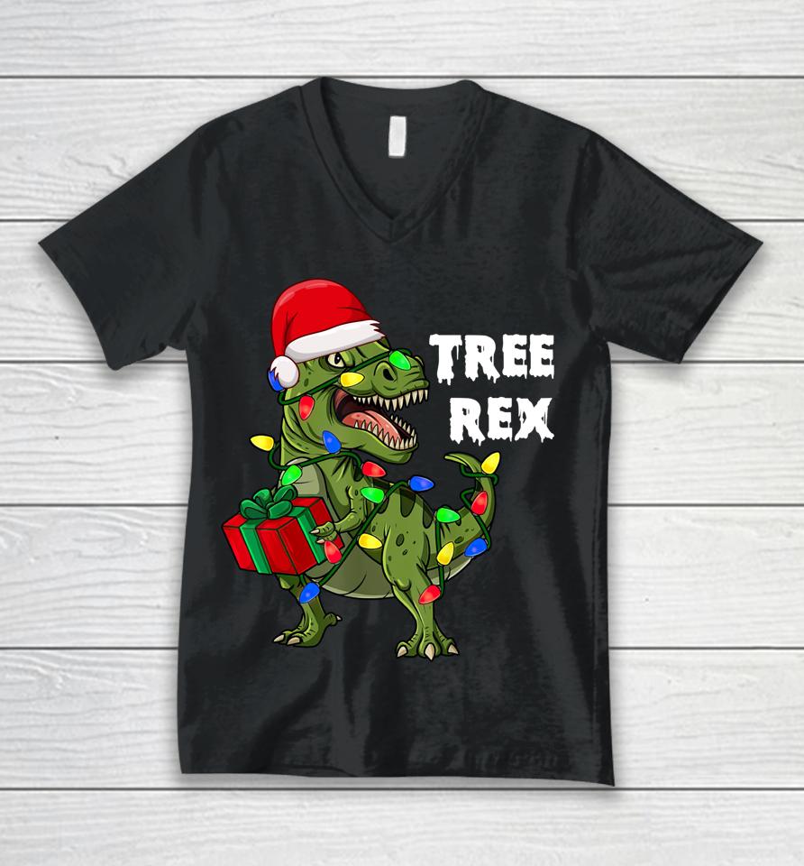 Dinosaur Christmas Tree Rex Santa Hat Dinosaur Unisex V-Neck T-Shirt