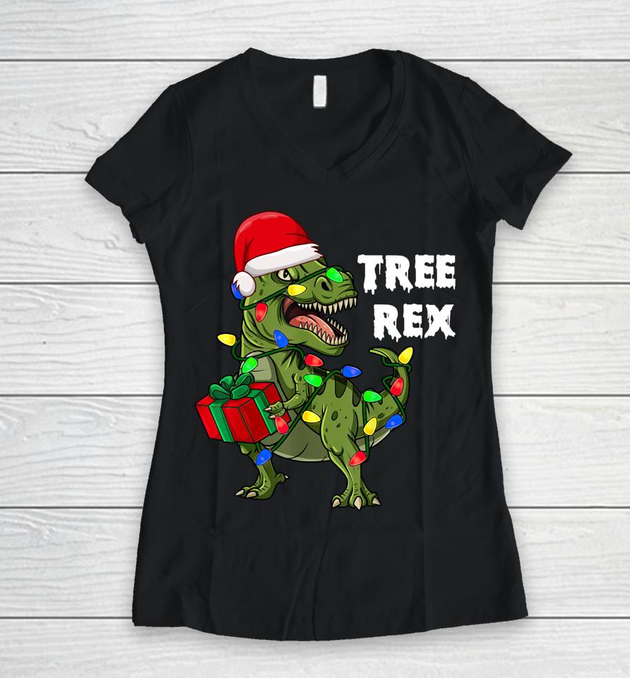 Dinosaur Christmas Tree Rex Santa Hat Dinosaur Women V-Neck T-Shirt