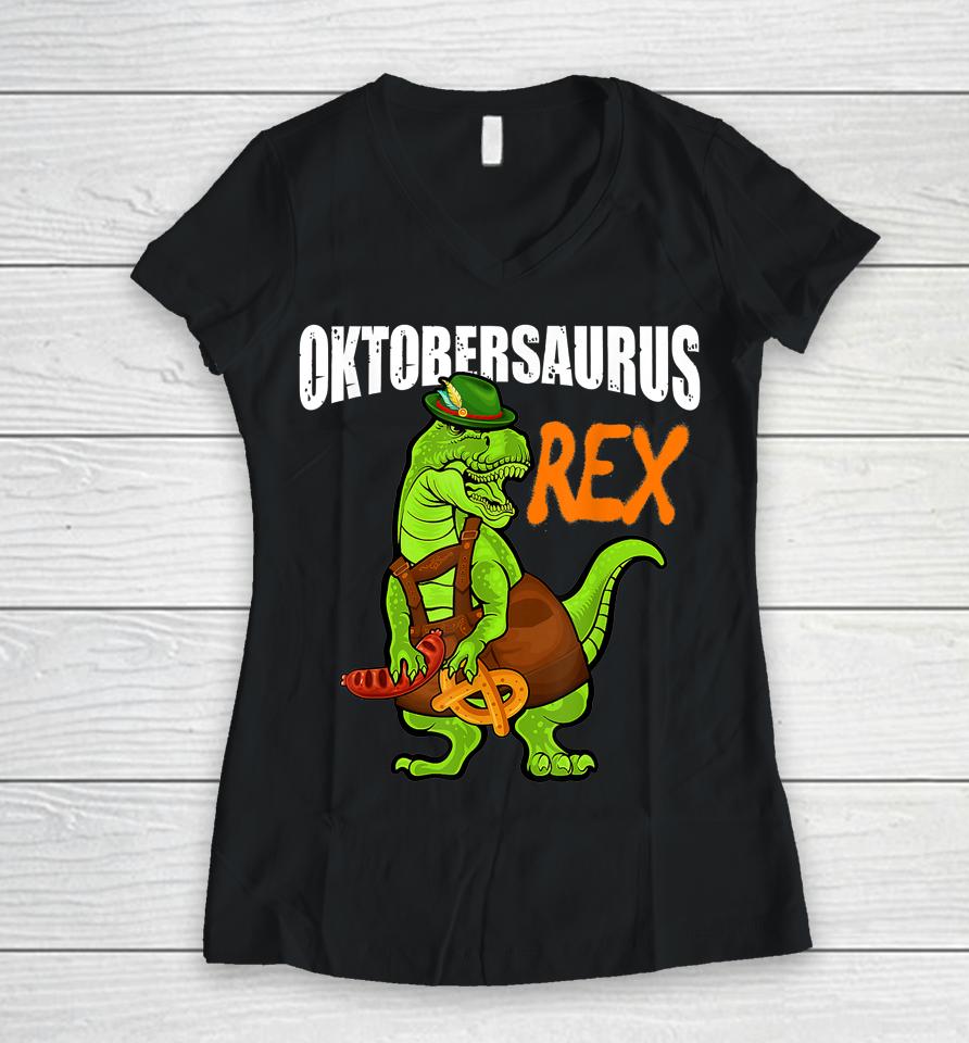 Dinosaur Lederhosen Oktoberfest Costume Cool Bavarian T-Rex Women V-Neck T-Shirt