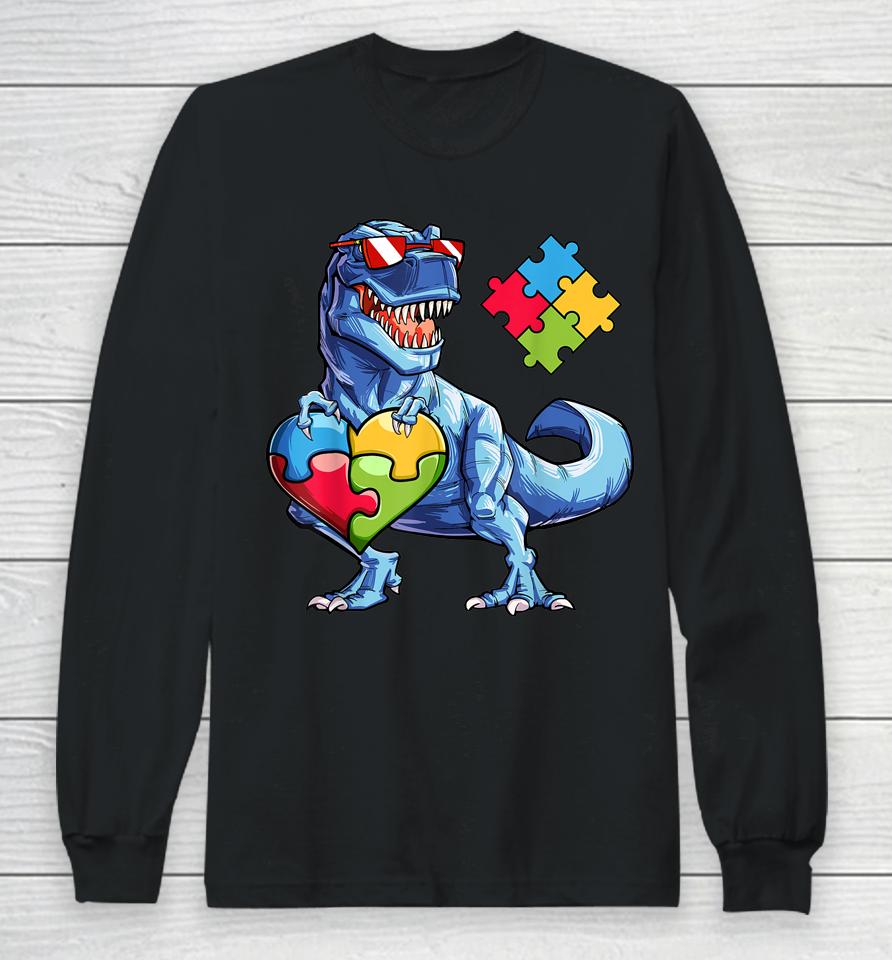Dinosaur Puzzle Piece Boys Autism Awareness Long Sleeve T-Shirt