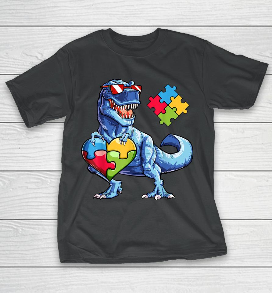 Dinosaur Puzzle Piece Boys Autism Awareness T-Shirt