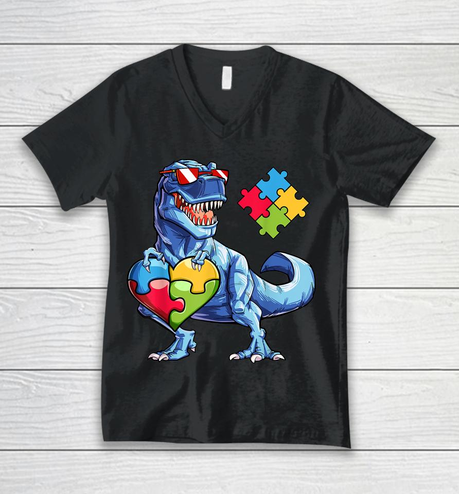 Dinosaur Puzzle Piece Boys Autism Awareness Unisex V-Neck T-Shirt